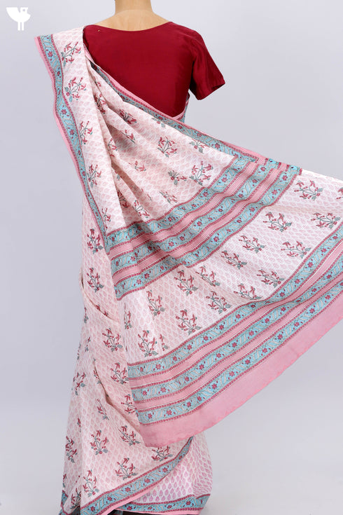 Kota Doria Saree In Floral Block Print